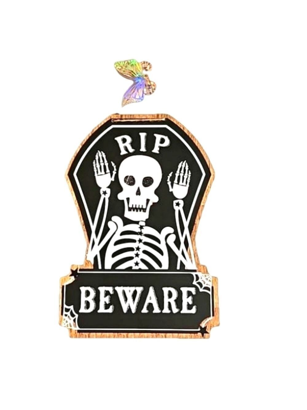 Hand Crafted Wooden Wall Decor Skeleton Design Black & White Glitter BEWARE sign